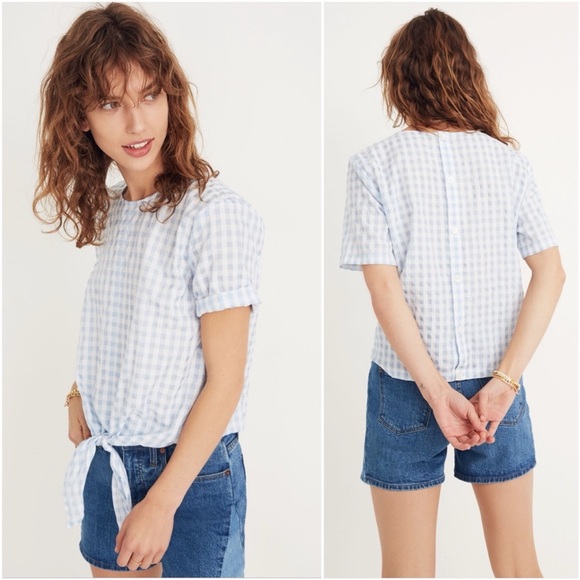 Madewell Button-Back Tie Tee in Gingham Check Glacier Blue White Size XL NWT - Picture 1 of 8